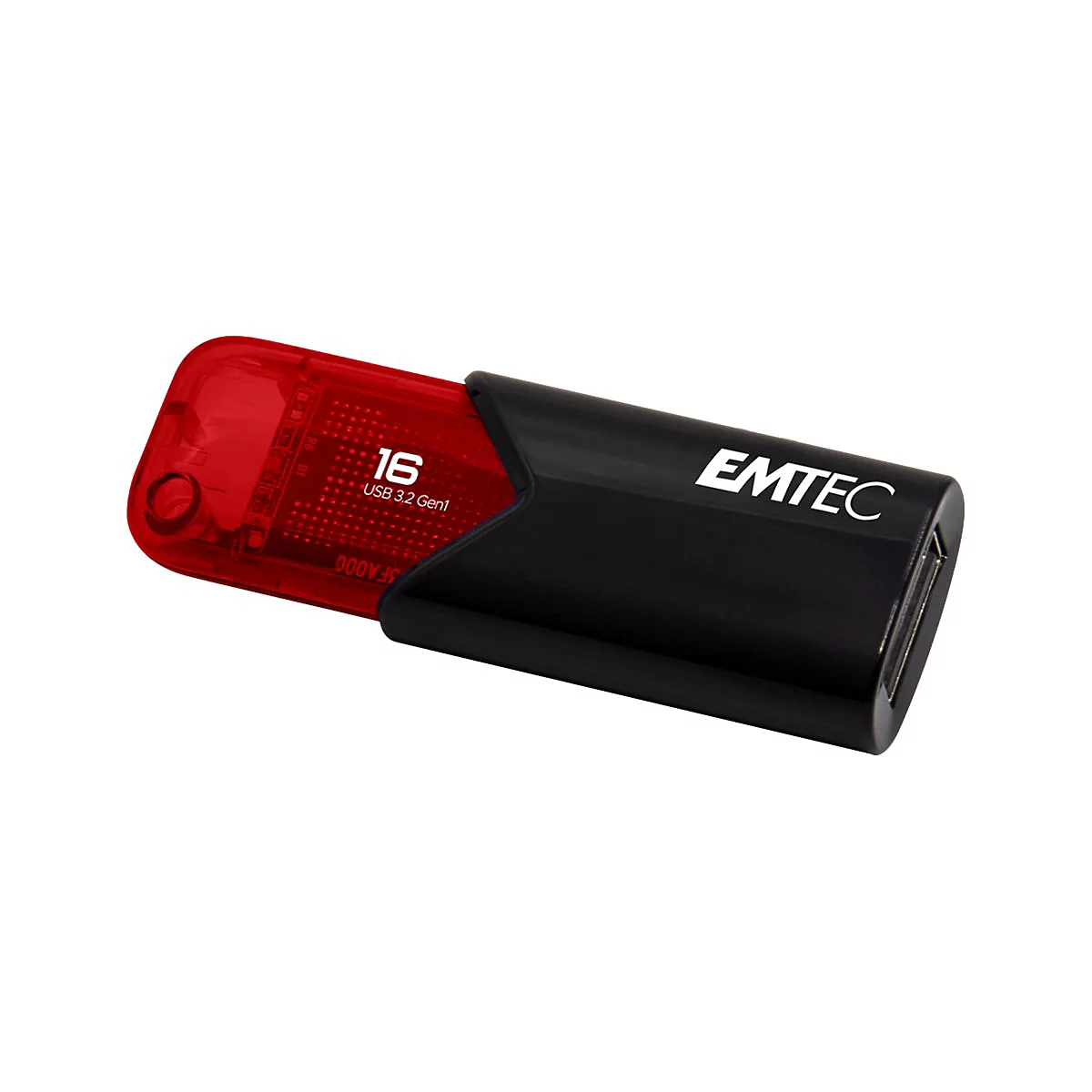 Emtec USB-Stick mit rotem, transparentem Gehäuse und schwarzer Schutzkappe, beschriftet mit 16 GB USB 3.2 Gen1.