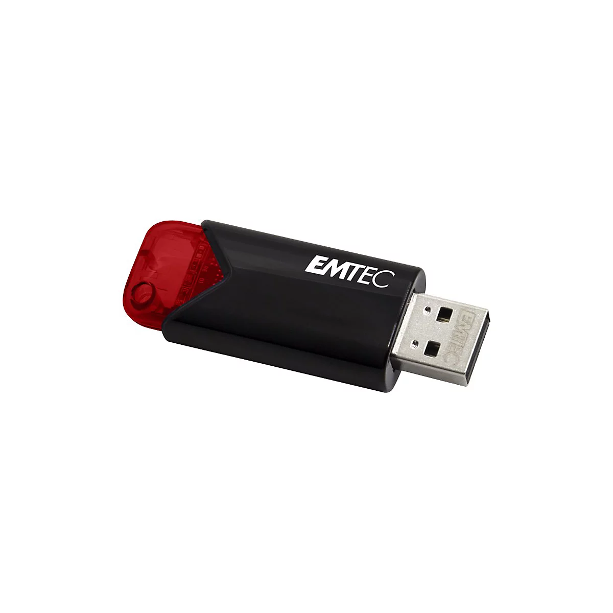 Schwarzer Emtec USB-Stick mit rotem, transparentem Endstück vor weißem Hintergrund.