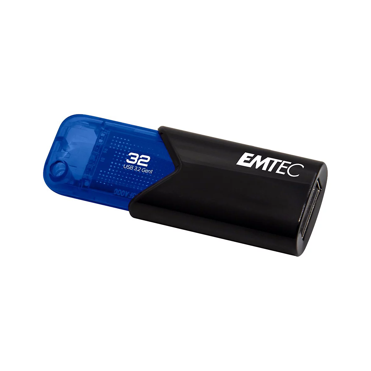 Schwarzer und blauer Emtec USB-Stick mit 32 GB Kapazität vor weißem Hintergrund.