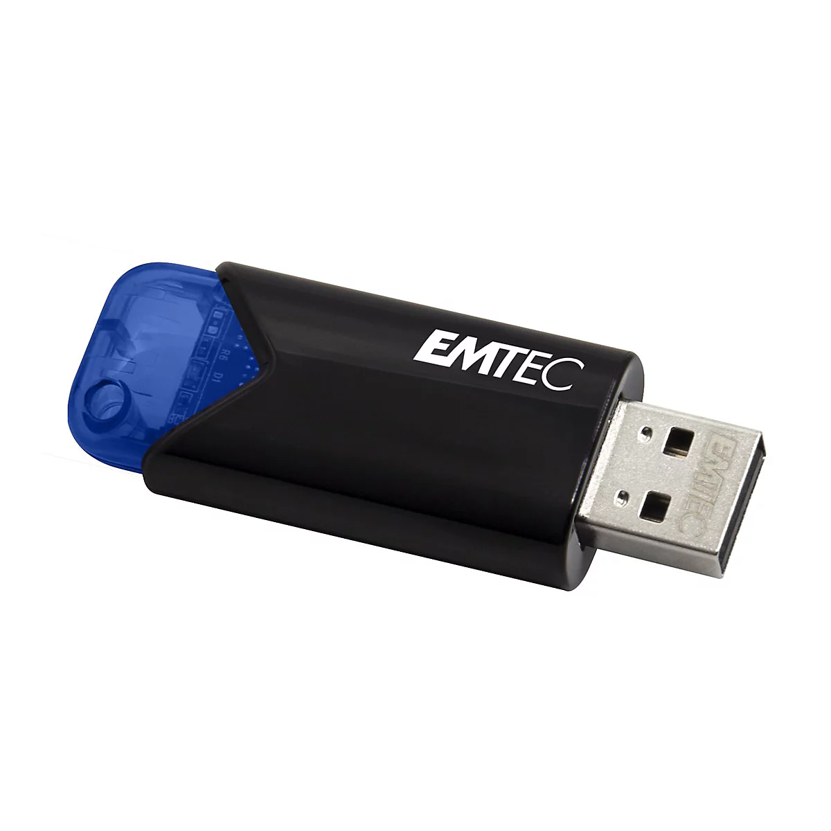 Schwarzer Emtec USB-Stick mit blauer, transparenter Kappe vor weißem Hintergrund.