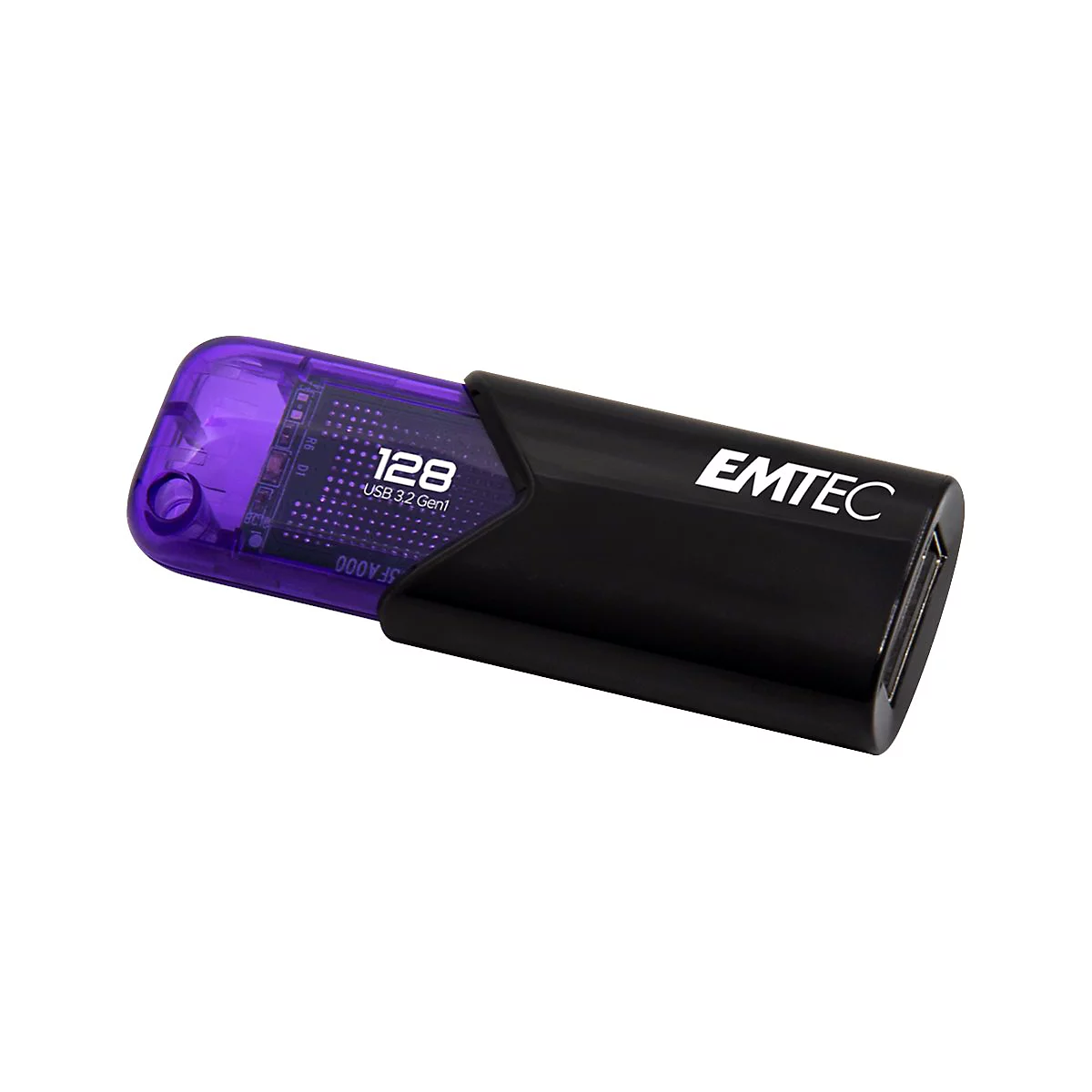 Schwarzer Emtec USB-Stick mit violettem, transparentem Gehäuseteil und 128 GB Kapazität vor weißem Hintergrund.