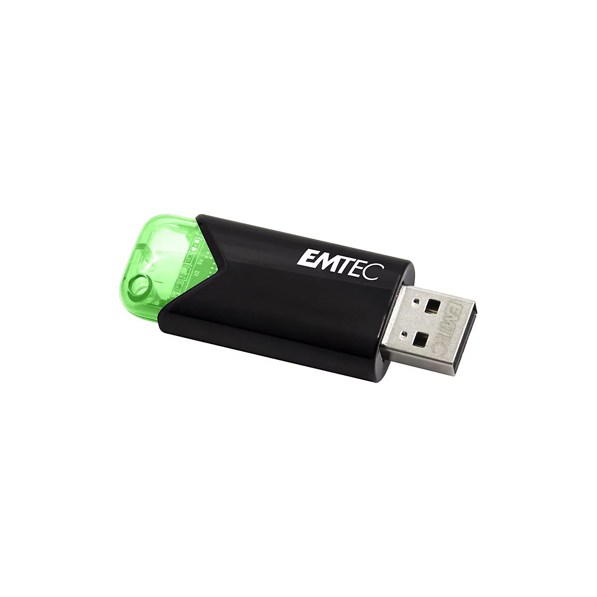 Schwarzer Emtec USB-Stick mit durchsichtiger, hellgrüner Schutzkappe vor weißem Hintergrund.