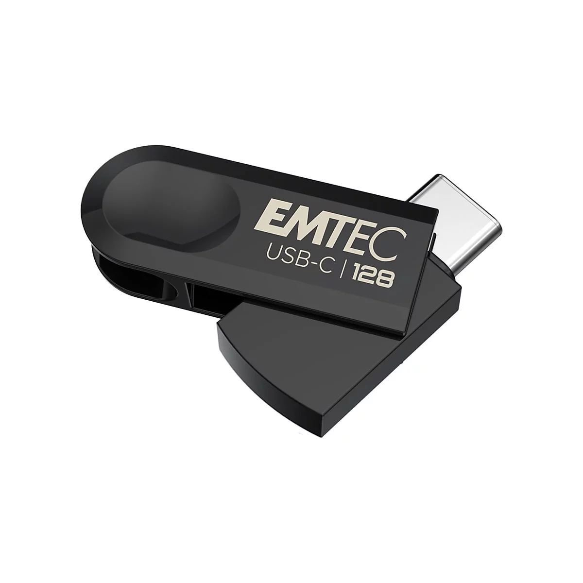 Schwarzer Emtec USB-C Stick mit 128 GB Speicherplatz auf weißem Hintergrund.