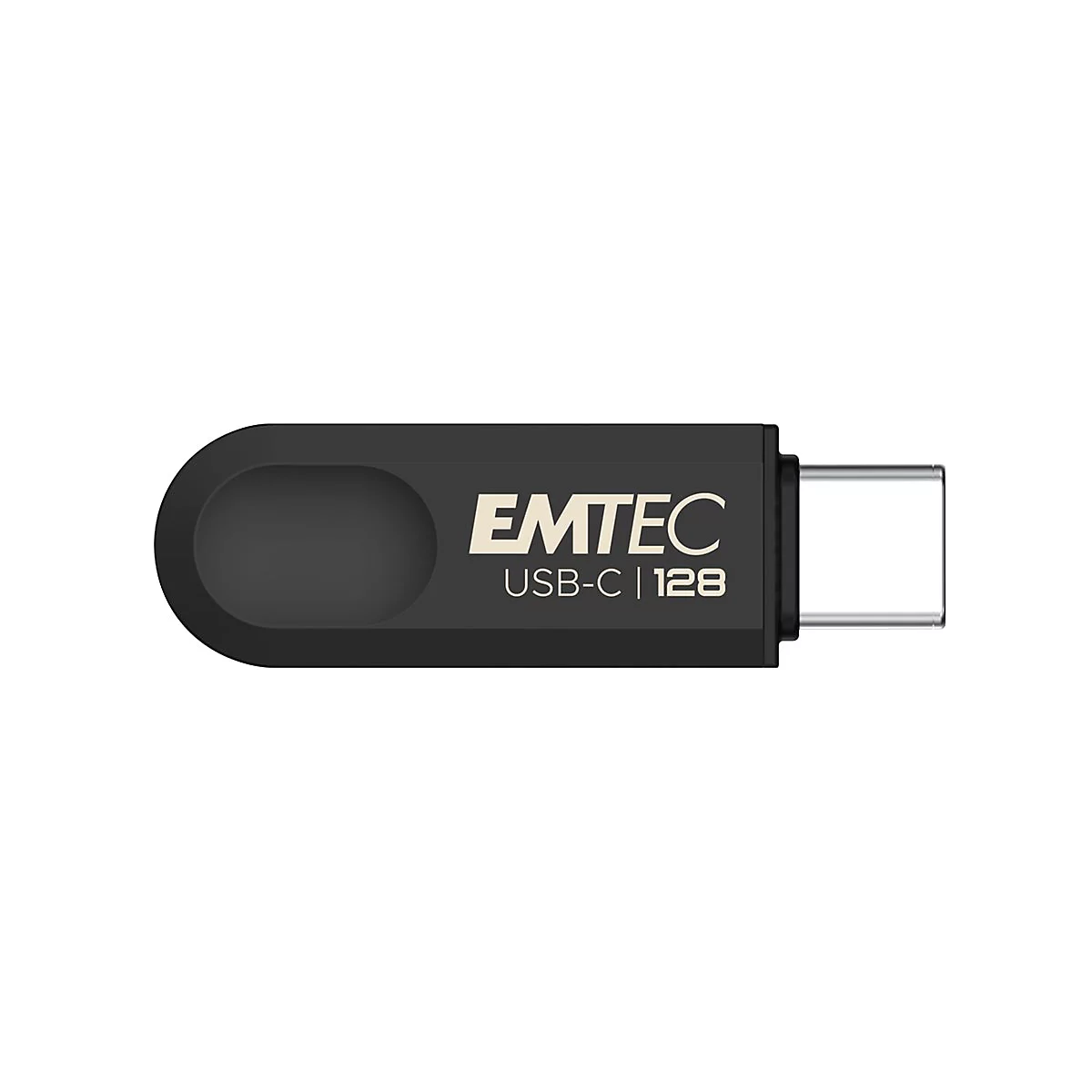 Schwarzer Emtec USB-C Stick mit 128 GB Kapazität vor weißem Hintergrund.