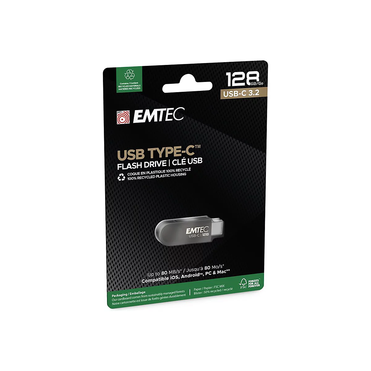 Emtec USB-C Flash-Laufwerk mit 128 GB in nachhaltiger Verpackung auf weißem Hintergrund.