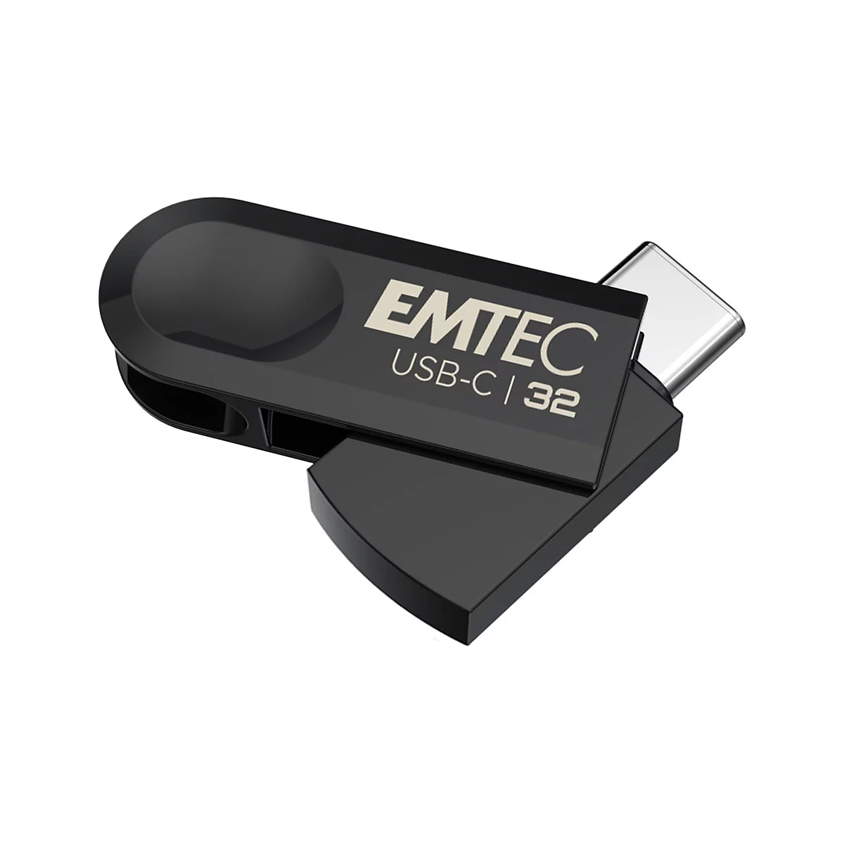 Schwarzer Emtec USB-C Stick mit 32GB Speicher und schwenkbarem Gehäuse vor weißem Hintergrund.