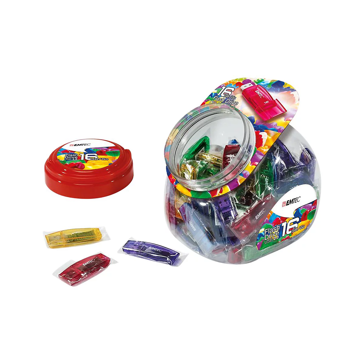 Ein durchsichtiges Glas mit farbigen 16 GB Emtec USB-Sticks und rotem Deckel.