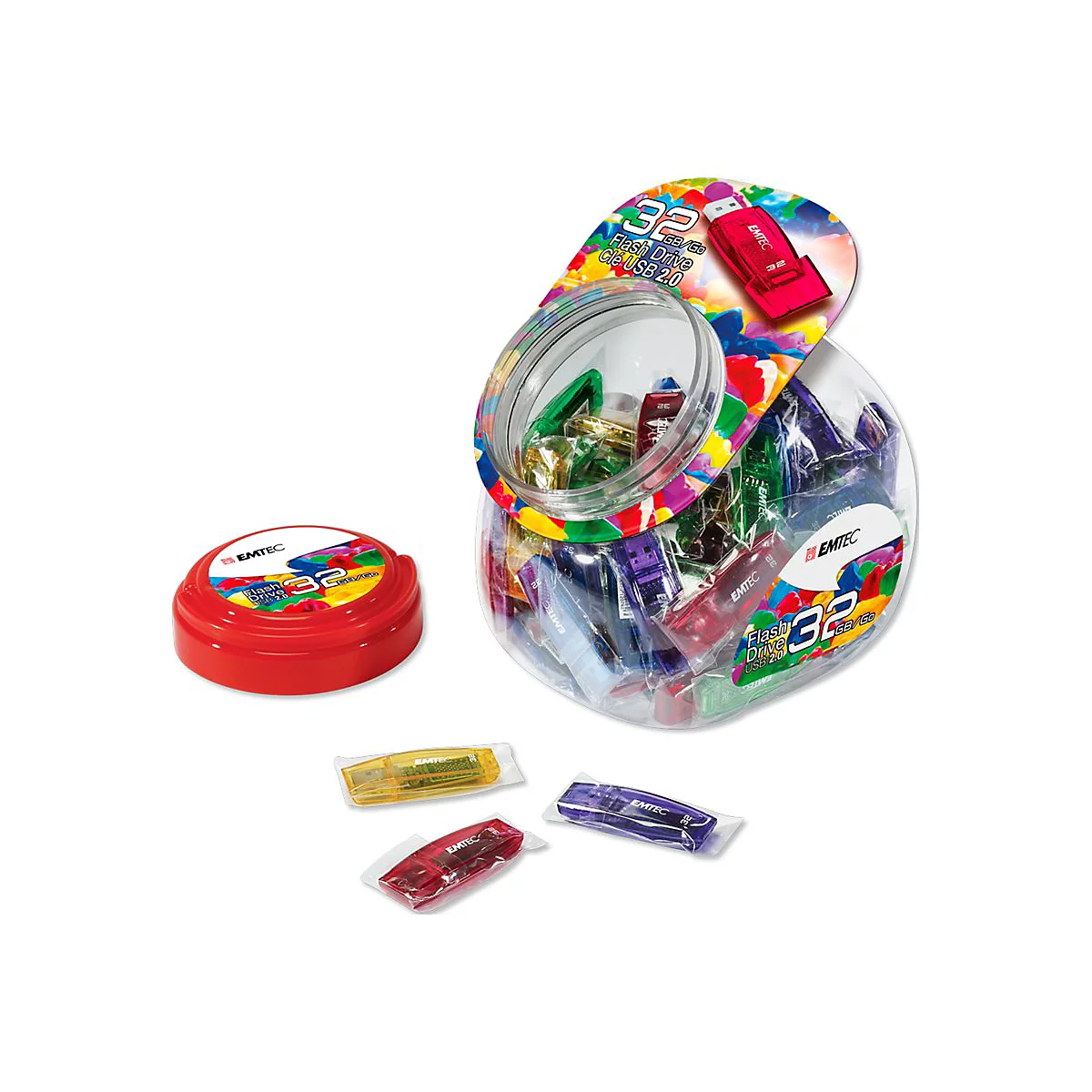 Großes transparentes Vorratsglas gefüllt mit vielen bunten 32GB Emtec USB-Sticks, daneben drei einzelne verpackte Sticks.