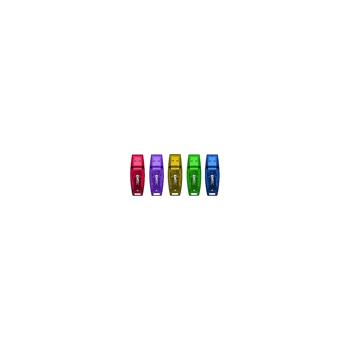 Fünf farbige, halbtransparente EMTEC USB-Sticks nebeneinander auf weißem Hintergrund.