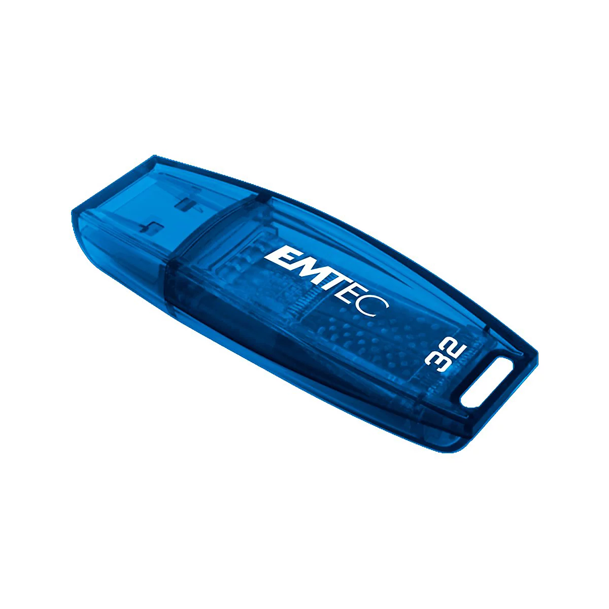 Ein blauer, transparenter Emtec USB-Stick mit 32 Gigabyte Speicherplatz vor weißem Hintergrund.