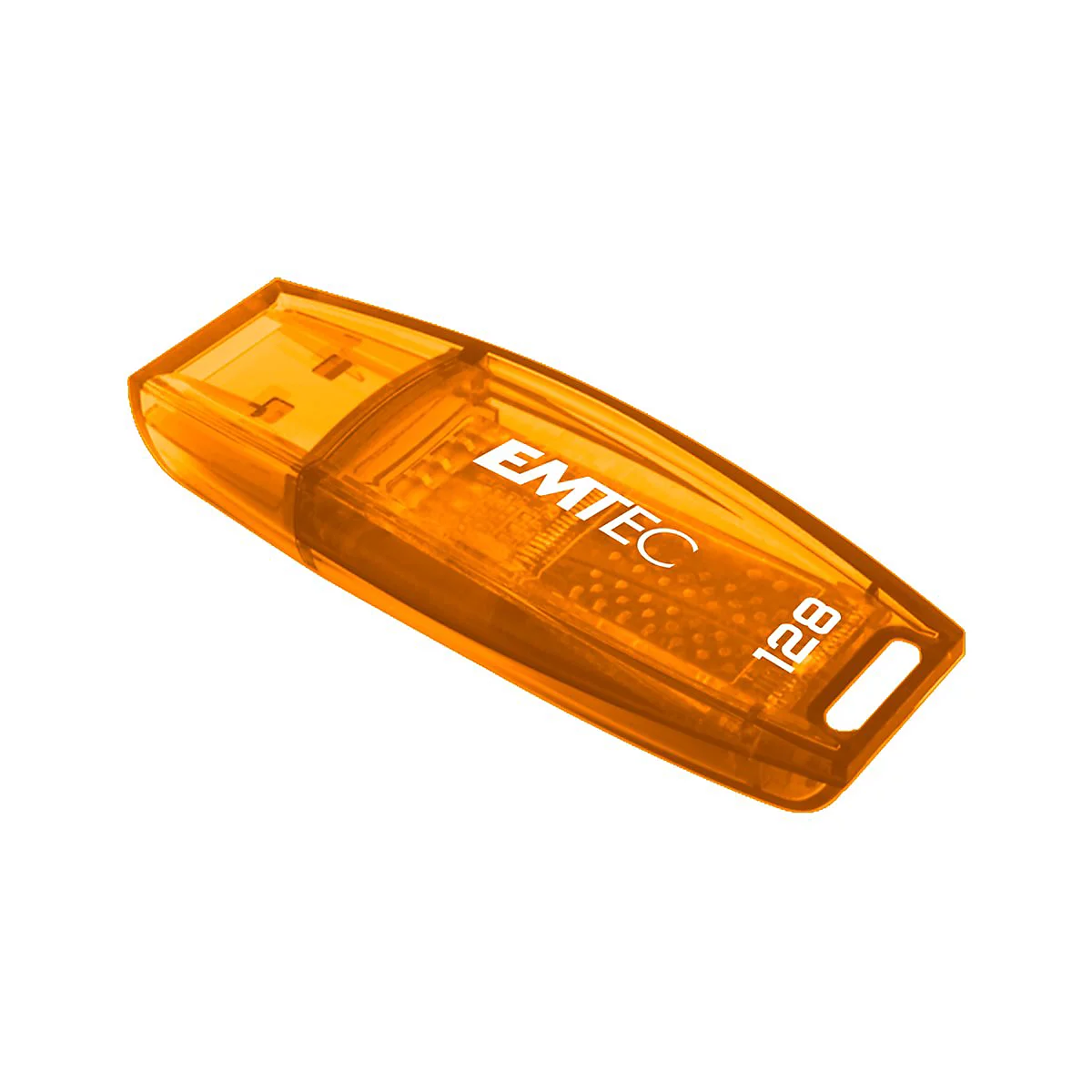 Transparenter, orangefarbener EMTEC USB-Stick mit 128 GB Kapazität vor weißem Hintergrund.