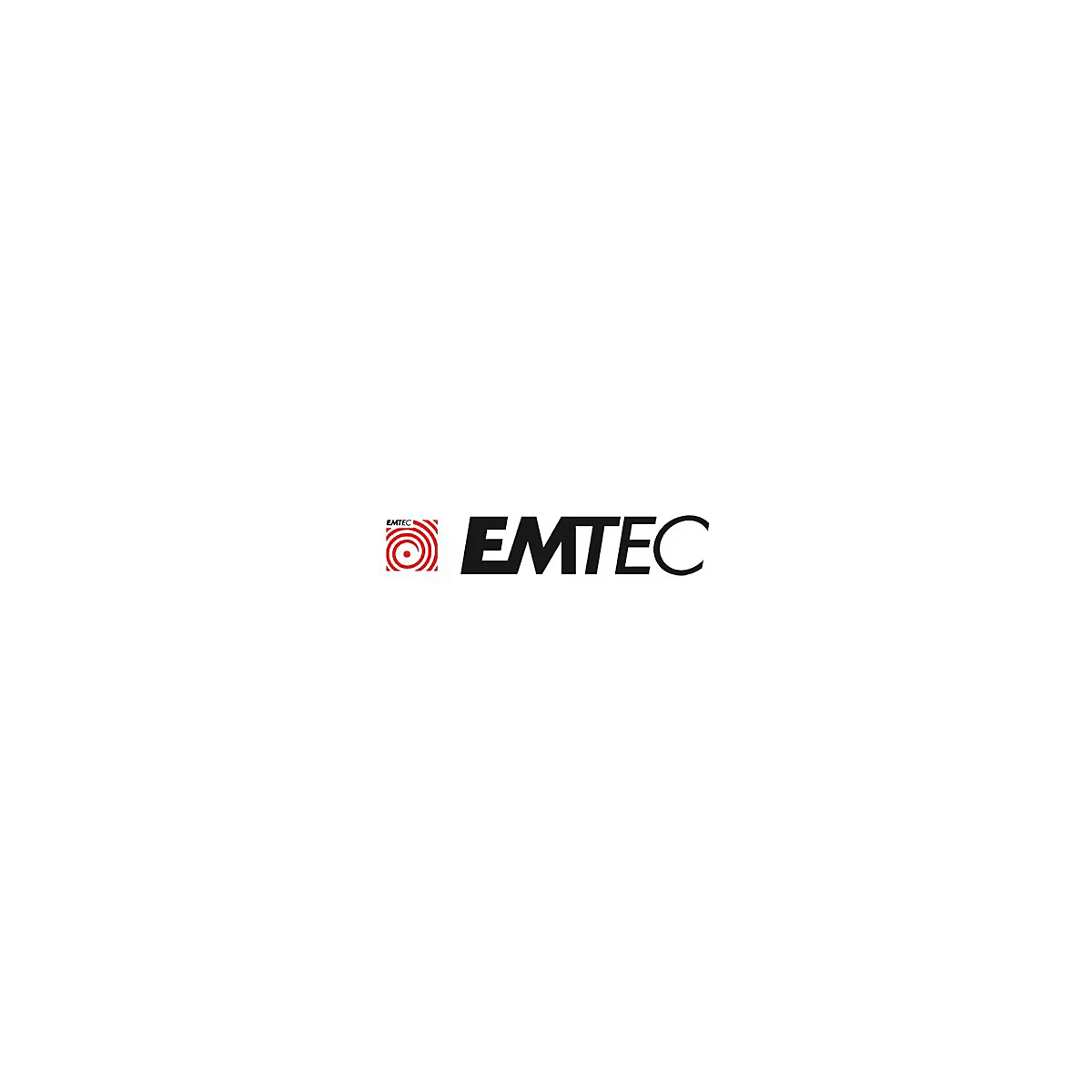 Emtec Markenlogo mit rotem quadratischem Wirbelsymbol und schwarzem Schriftzug vor weißem Hintergrund.