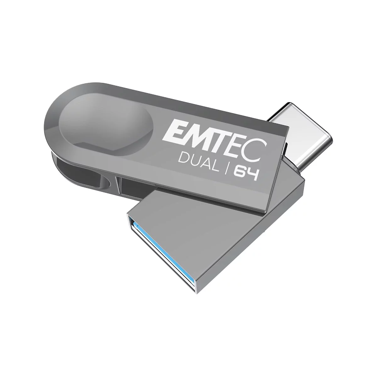 Grauer Emtec Dual 64 GB USB-Stick mit USB-A und USB-C Anschlüssen vor weißem Hintergrund.