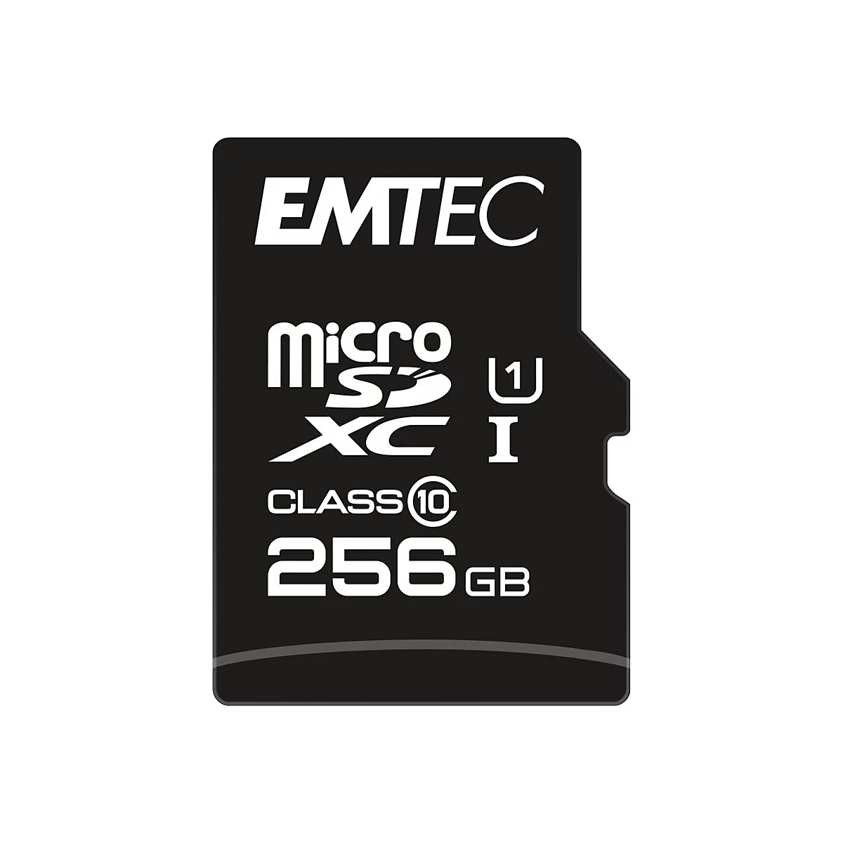 Schwarze Emtec MicroSDXC Speicherkarte mit 256 GB Kapazität, Class 10 und UHS-I Zertifizierung.