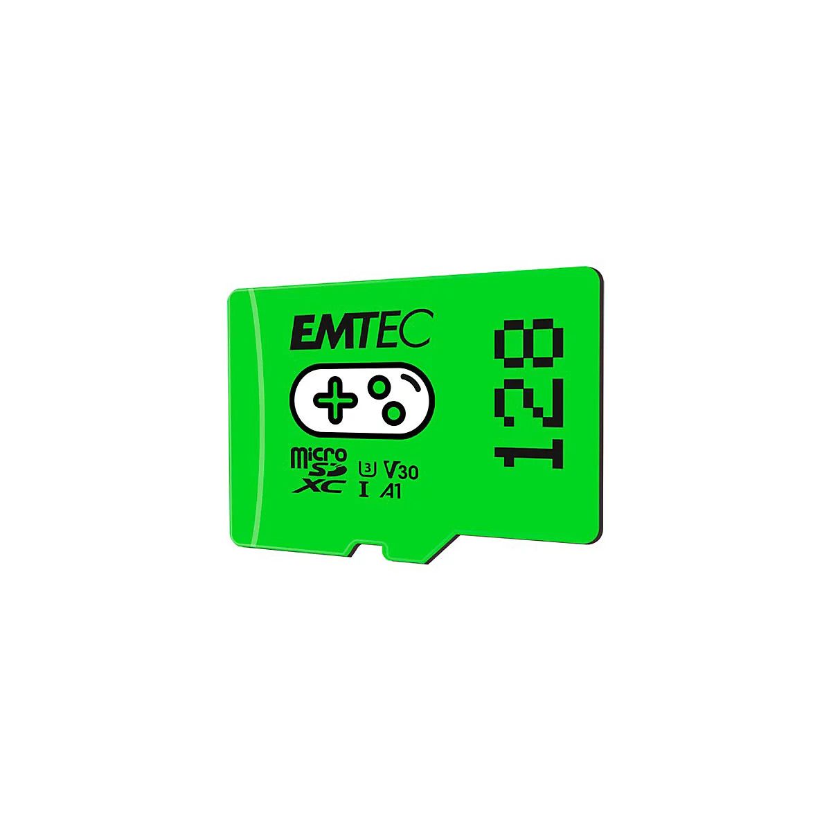 Grüne Emtec 128 GB MicroSD-Speicherkarte für Gaming mit Controller-Symbol.