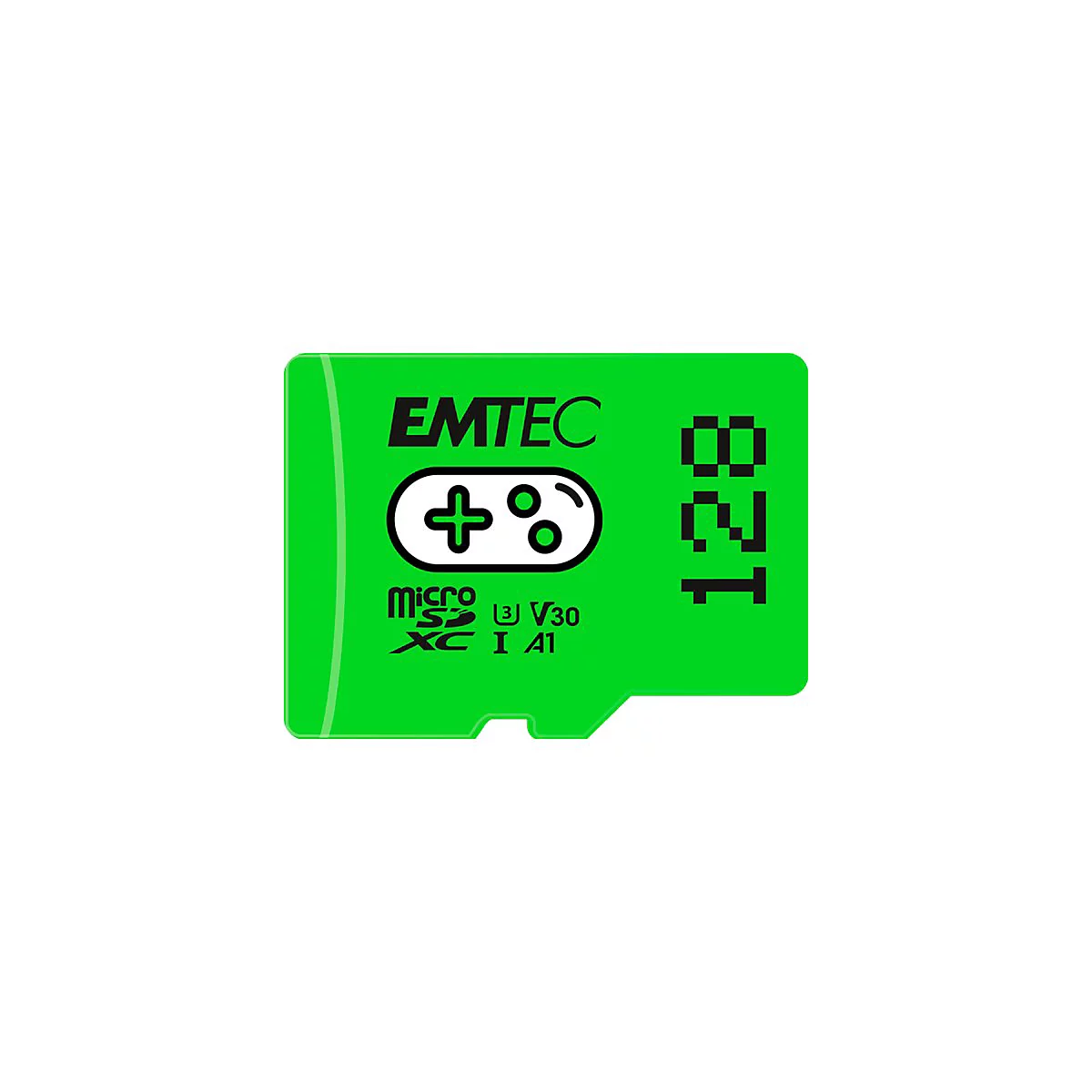 Grüne Emtec 128 GB Micro-SD-Karte mit Gaming-Controller-Symbol auf weißem Hintergrund.