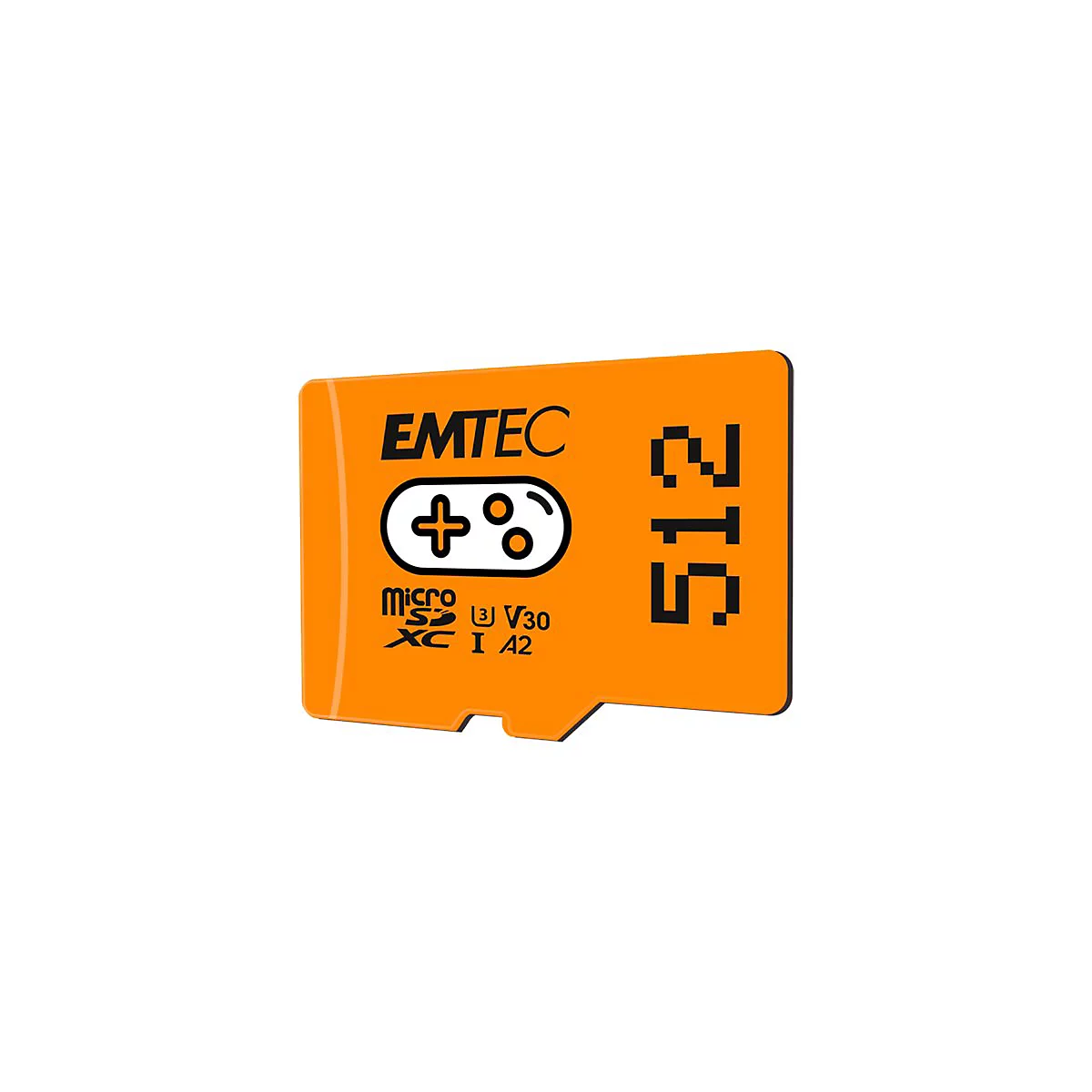 Orangefarbene Micro-SD-Karte mit schwarzem Schriftzug: EMTEC, 512, Logo mit Spielecontroller, Micro SDXC, V30, I A2.