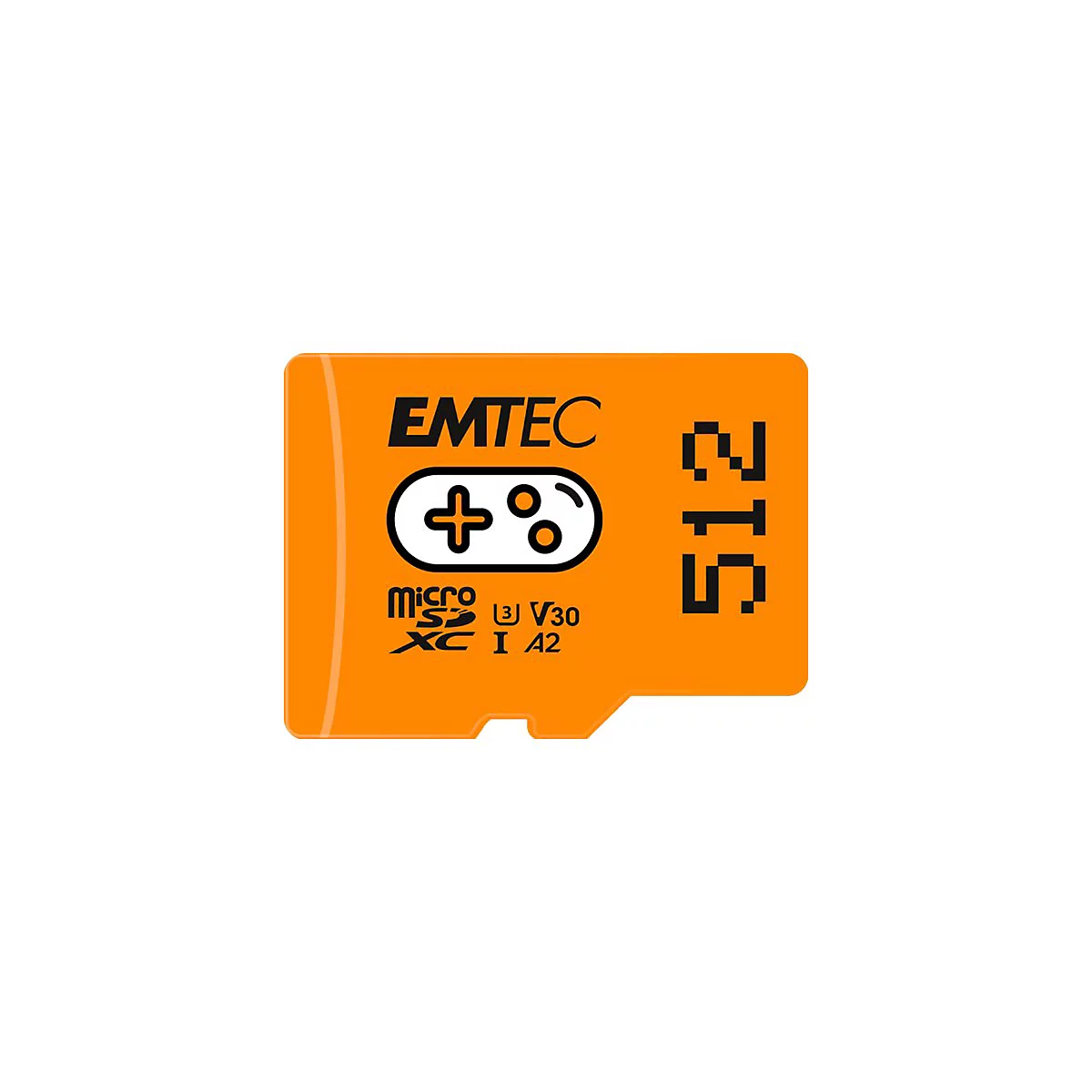 Orangefarbene MicroSD-Karte mit EMTEC-Logo, Controller-Symbol und 512 GB-Aufdruck.