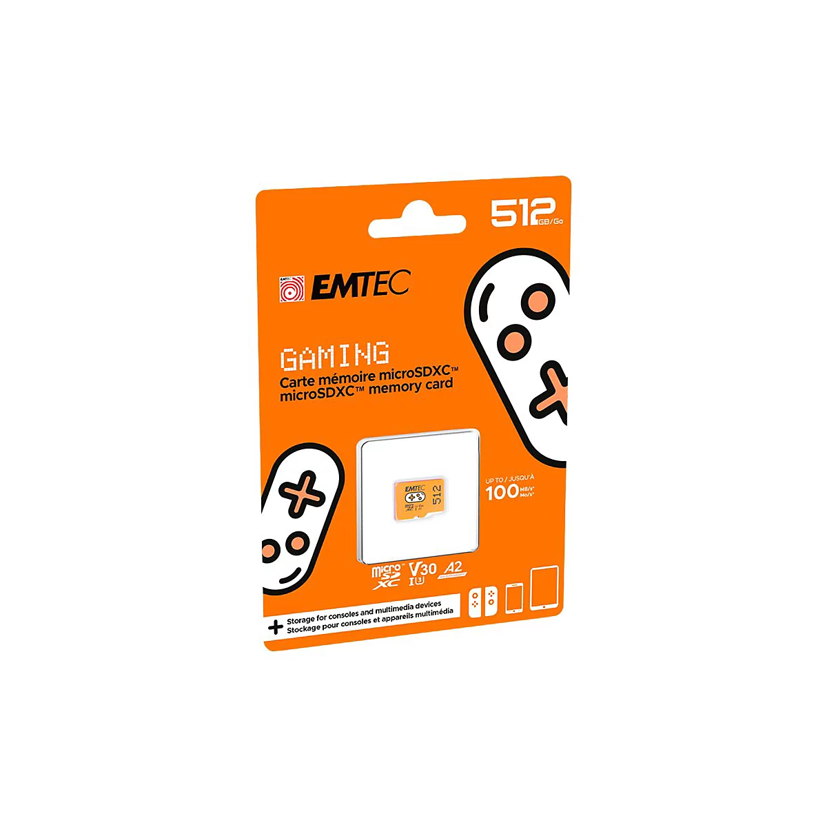 Orangefarbene Verpackung mit einer microSDXC-Speicherkarte. Aufgedruckt sind Schriftzüge wie 'GAMING' und '512 GB/Go'.