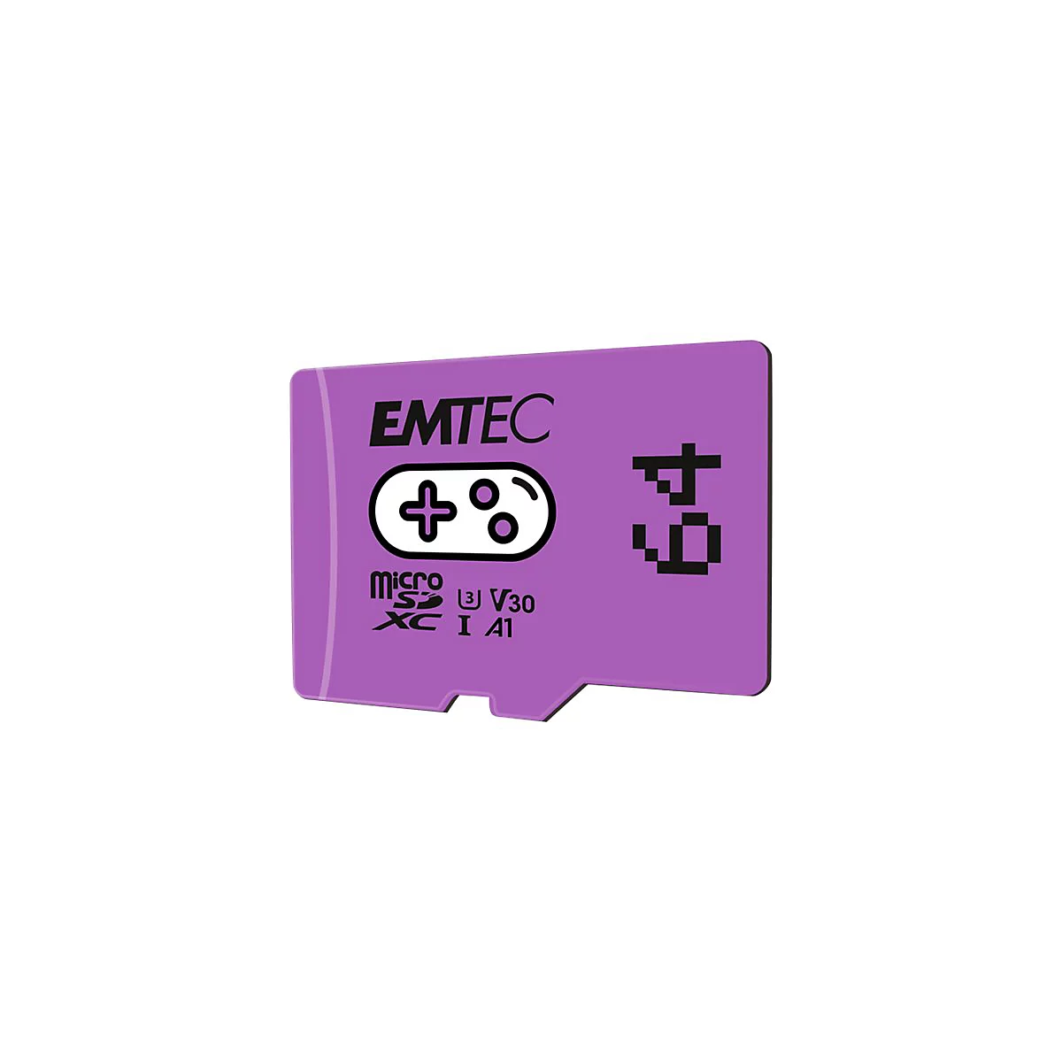 Lila Emtec microSD-Speicherkarte mit 64 GB Kapazität und einem Gamecontroller-Symbol auf der Vorderseite.