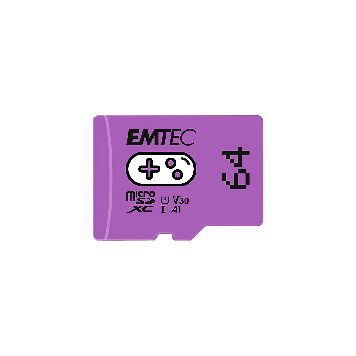 Lila Emtec microSD-Karte mit 64GB Speicherplatz und Gaming-Controller-Grafik auf weißem Hintergrund.