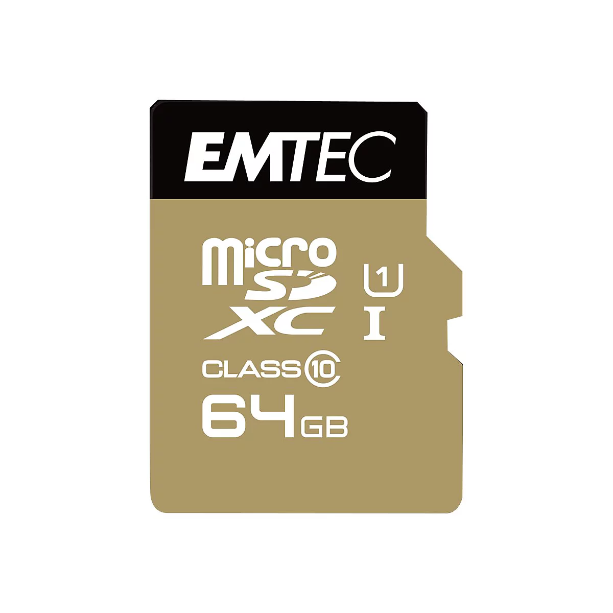 Emtec microSDXC 64GB Speicherkarte mit weißem Logo und Text auf goldenem Hintergrund.