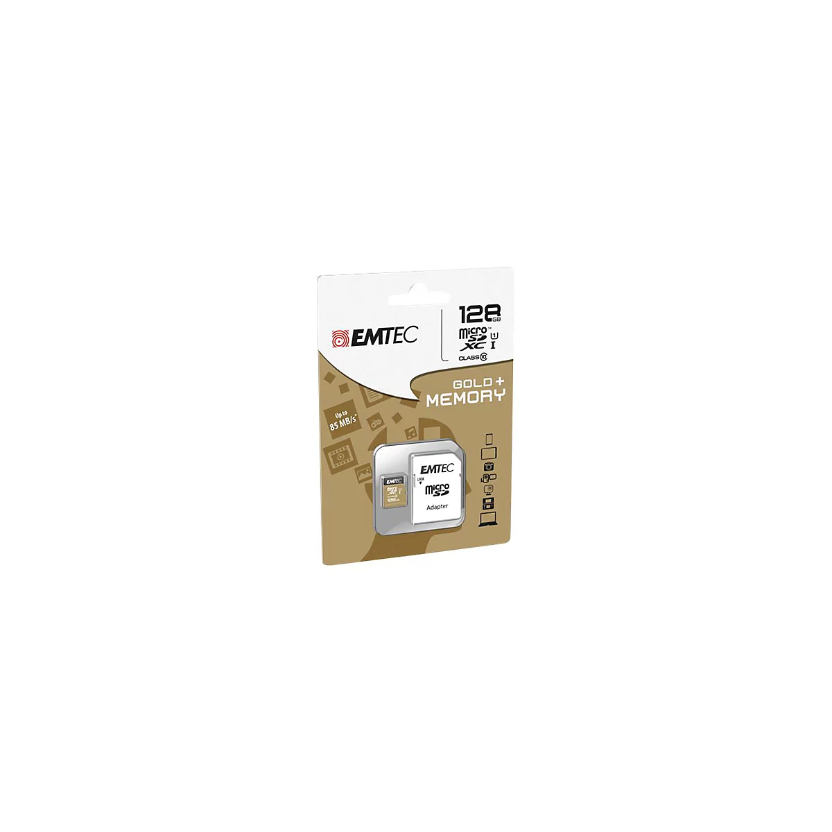 Emtec 128 GB MicroSD-Karte mit SD-Adapter in gold-weißer Blisterverpackung auf weißem Hintergrund.
