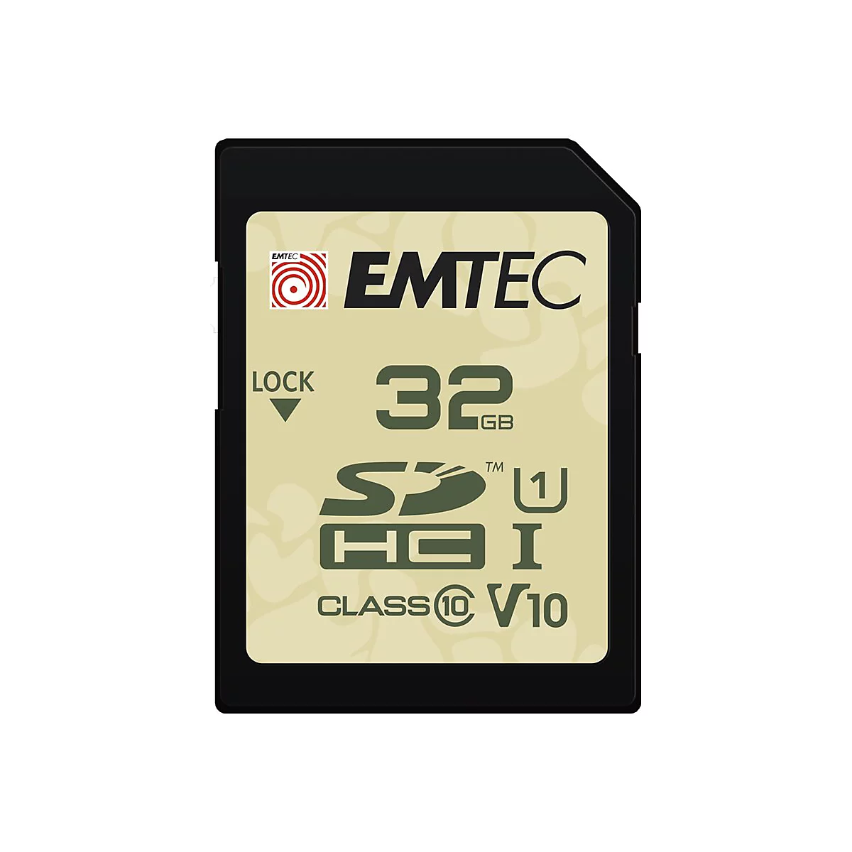Emtec SDHC Speicherkarte mit 32 GB Kapazität, Class 10 und V10 Zertifizierung, in Tarnfarben-Optik.