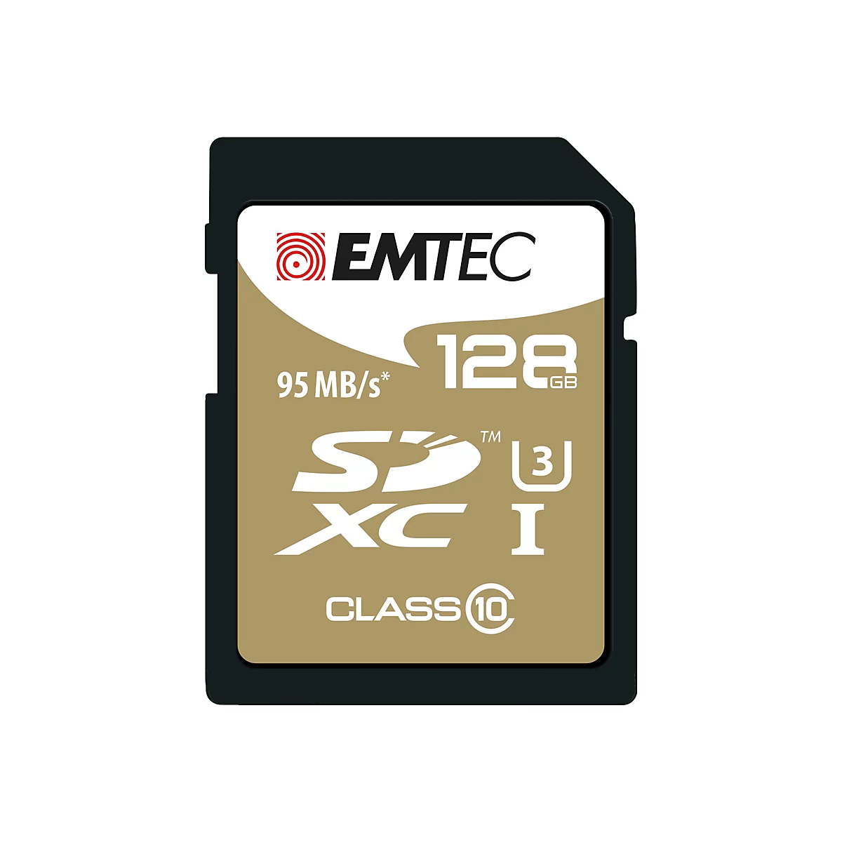 Emtec SDXC Speicherkarte mit 128 GB Kapazität und 95 MB/s Geschwindigkeit.
