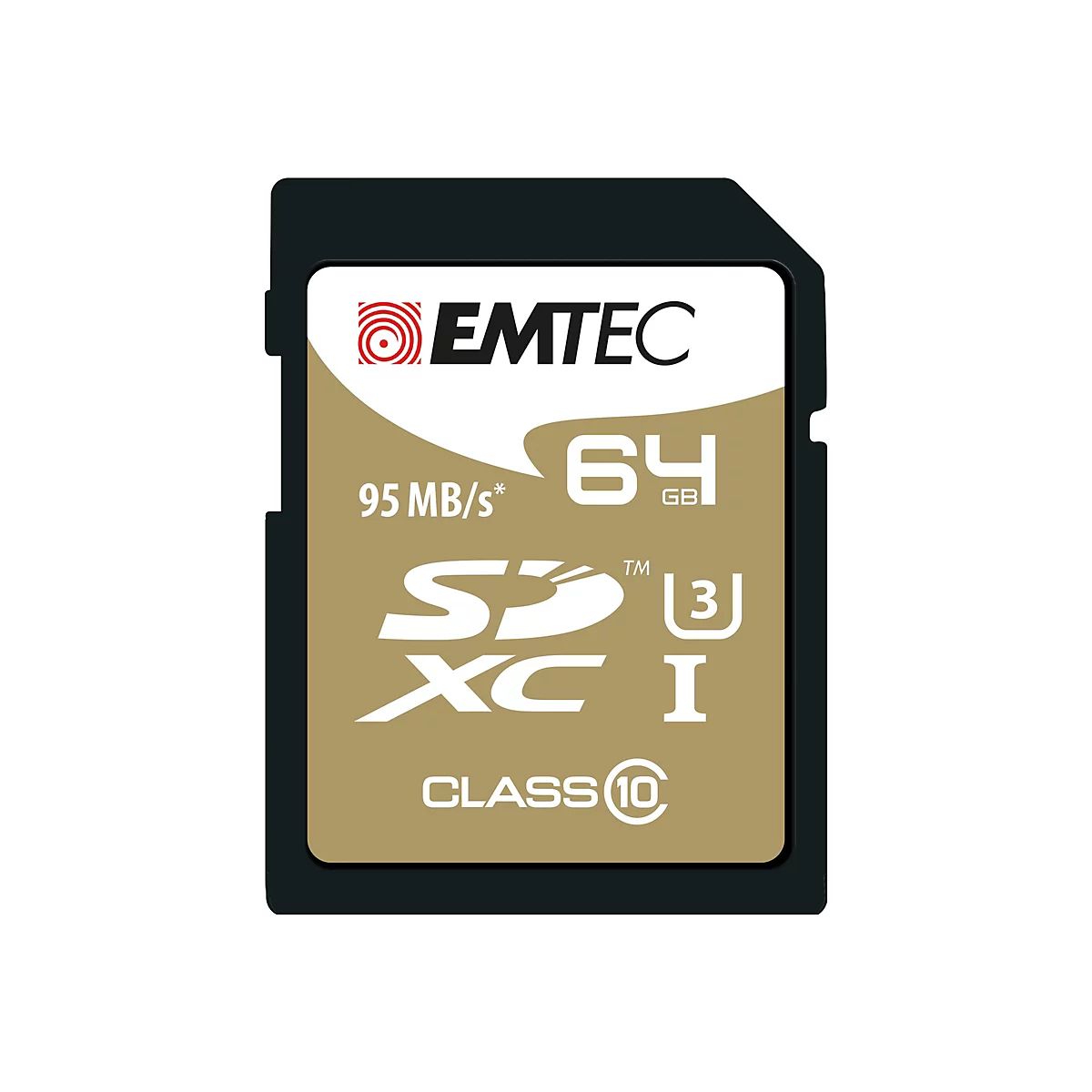 Emtec SDXC Speicherkarte mit 64GB und 95 MB/s auf goldenem Hintergrund.