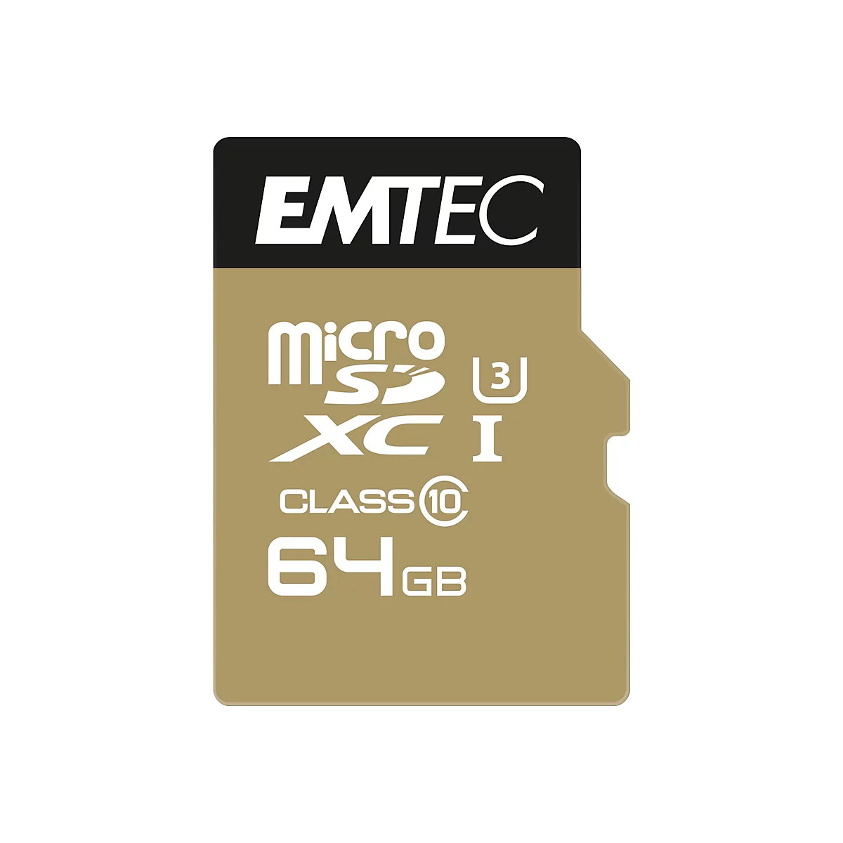 Goldene Emtec MicroSDXC-Speicherkarte mit 64 GB Kapazität, Class 10 und UHS-I Klassifizierung.