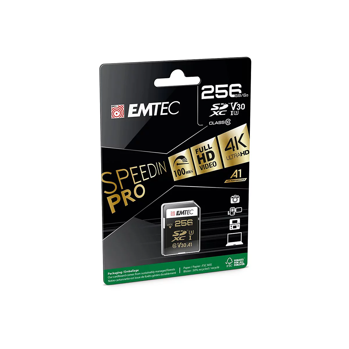 EMTEC SpeedIN' PRO - Flash-Speicherkarte - 256 GB - Video Class V30 / UHS-I U3 / Class10 - SDXC