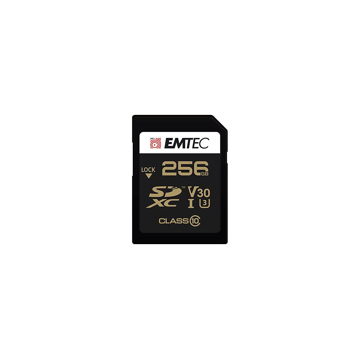 Schwarze Emtec SDXC-Speicherkarte mit 256 GB Kapazität, V30- und Class 10-Kennzeichnung.