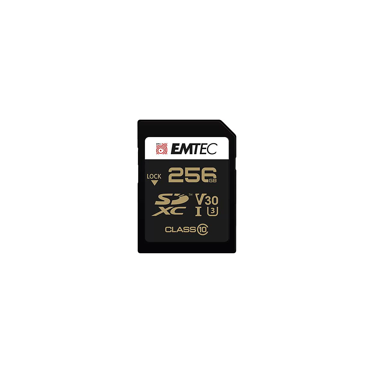 Schwarze Emtec 256GB SDXC Speicherkarte mit goldenen Schriftzügen und Class 10 Logo vor weißem Hintergrund.