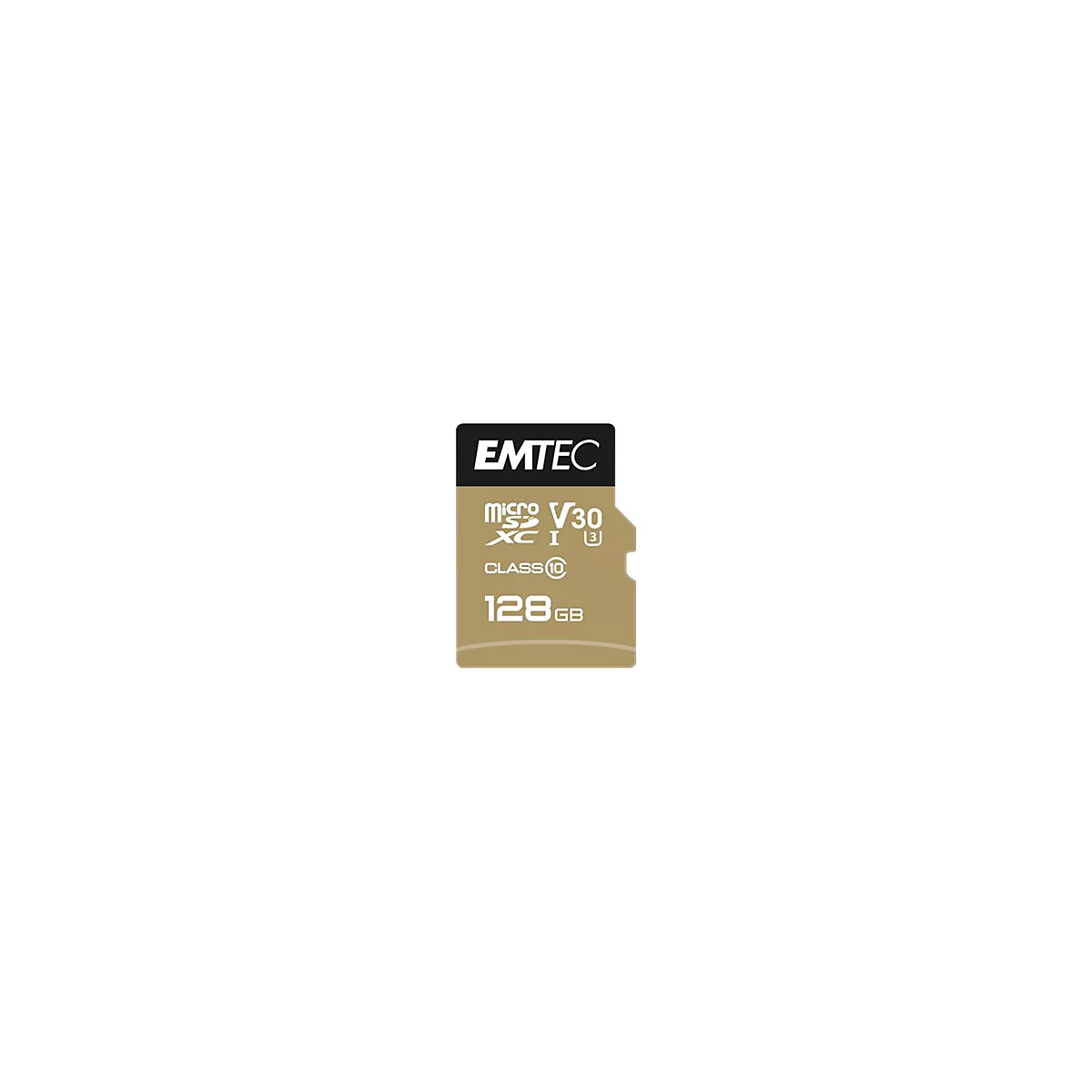 Goldene Emtec Micro SD Karte mit 128 GB Speicherplatz auf weißem Hintergrund.