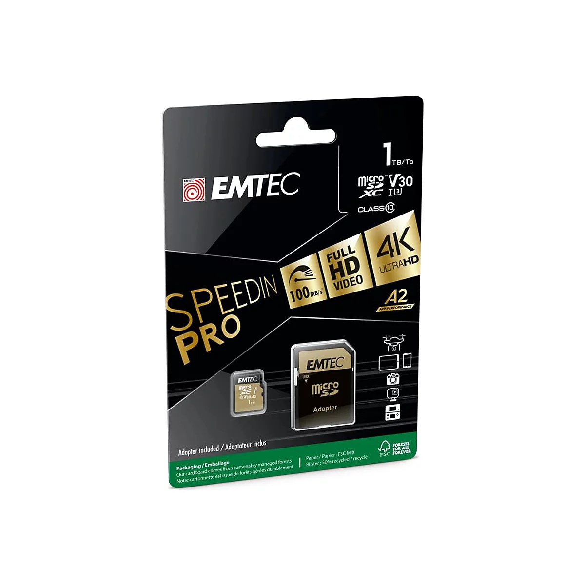 Emtec 1TB microSD Speicherkarte in schwarzer Blisterverpackung mit Adapter.