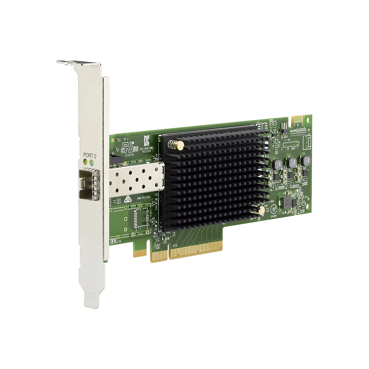 Grüne PCIe-Netzwerkkarte mit schwarzem Kühlkörper und einem Port, isoliert auf weißem Hintergrund.