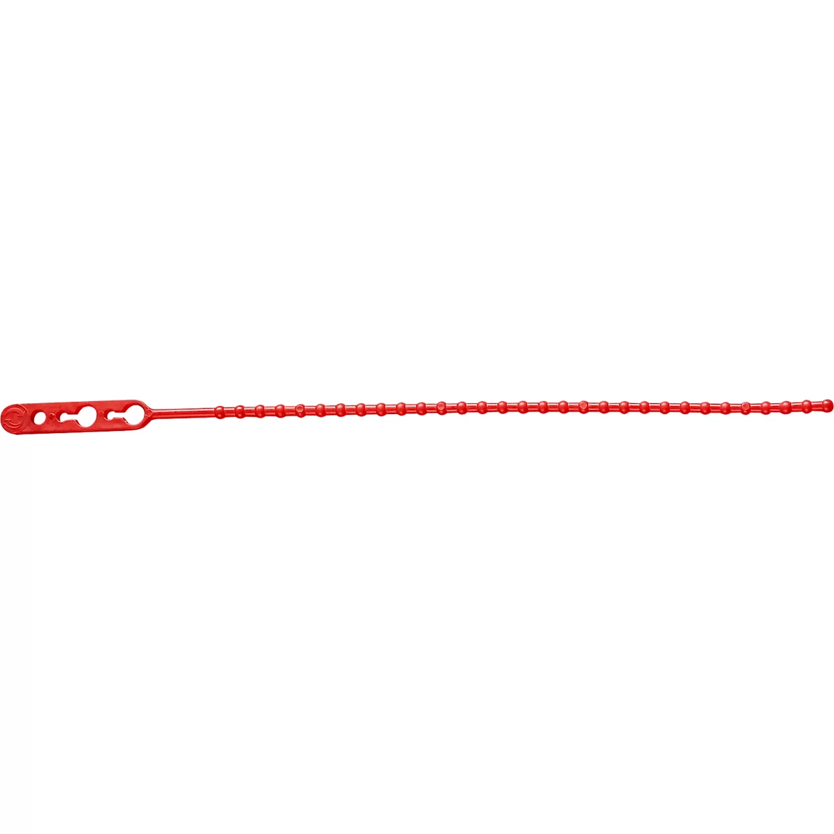 Tornillo rojo y oblongo con múltiples agujeros pequeños y roscas.