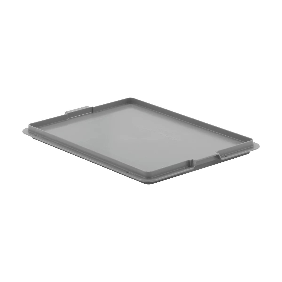 Grey, rectangular lid cover. Small handle recesses are on the long sides.