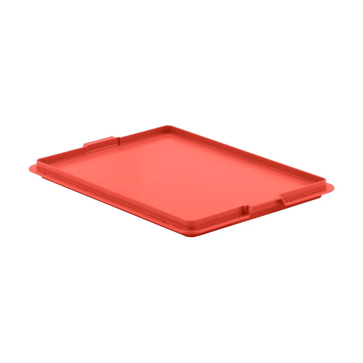 Red, rectangular lid. A recess on each short side.