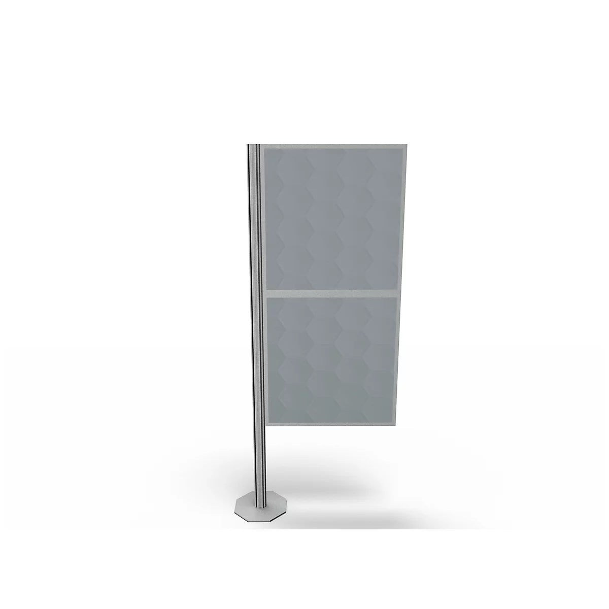 Grey, freestanding advertising board with hexagonal base. On a white background. The board is divided into two areas.