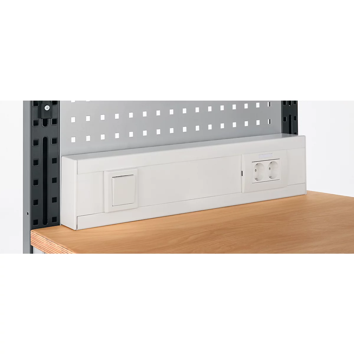 Energieleiste für AST31 Tischaufbau mit H 1615 mm, anschlussfertig, 2 x Steckdosen, 1 x Schalter, B 630 x T 60 x H 100 mm, Kunststoff, lichtgrau
