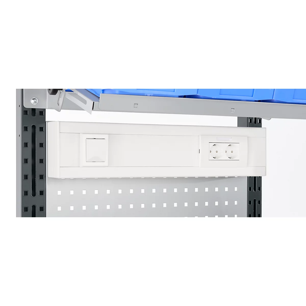 Energieleiste für AST31 Tischaufbau mit H 1615 mm, anschlussfertig, 2 x Steckdosen, 1 x Schalter, B 630 x T 60 x H 100 mm, Kunststoff, lichtgrau