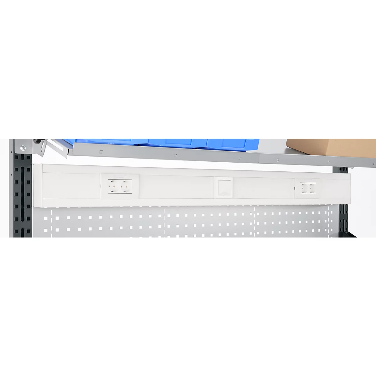 Energieleiste für AST31 Tischaufbau mit H 1615 mm, anschlussfertig, 4 x Steckdosen, 1 x Schalter, B 1430 x T 60 x H 100 mm, Kunststoff, lichtgrau