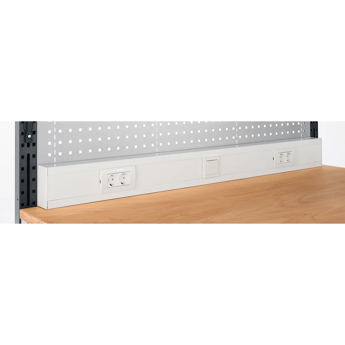 Energieleiste für AST31 Tischaufbau mit H 1615 mm, anschlussfertig, 4 x Steckdosen, 1 x Schalter, B 1880 x T 60 x H 100 mm, Kunststoff, lichtgrau