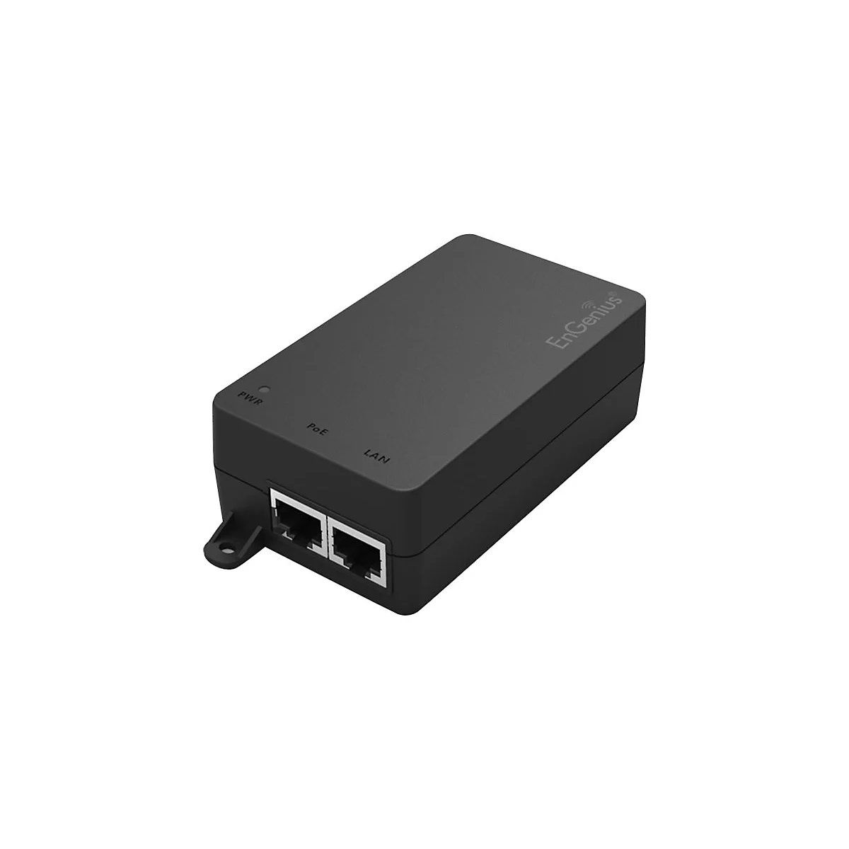 Schwarzer EnGenius PoE-Adapter, mit Anschlüssen für Strom, PoE und LAN. Das EnGenius Logo ist sichtbar.