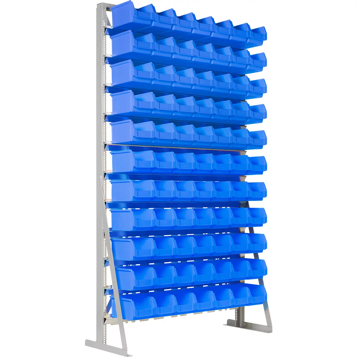 Enkelzijdig rek, 11 rijen, incl. 77 x open voorraadbakken serie LF 221, B 1145 x D 400 x H 1950 mm, staal, grijs