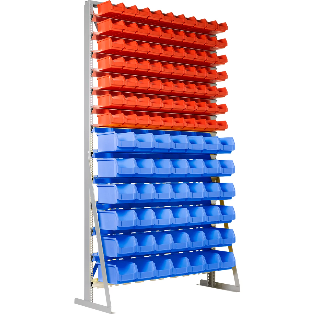 Enkelzijdig rek, 13 rijen, incl. 70 magazijnbakken met open voorzijde LF 211 &amp; 42 magazijnbakken met open voorzijde LF 221, B 1145 x D 400 x H 1950 mm, staal, grijs