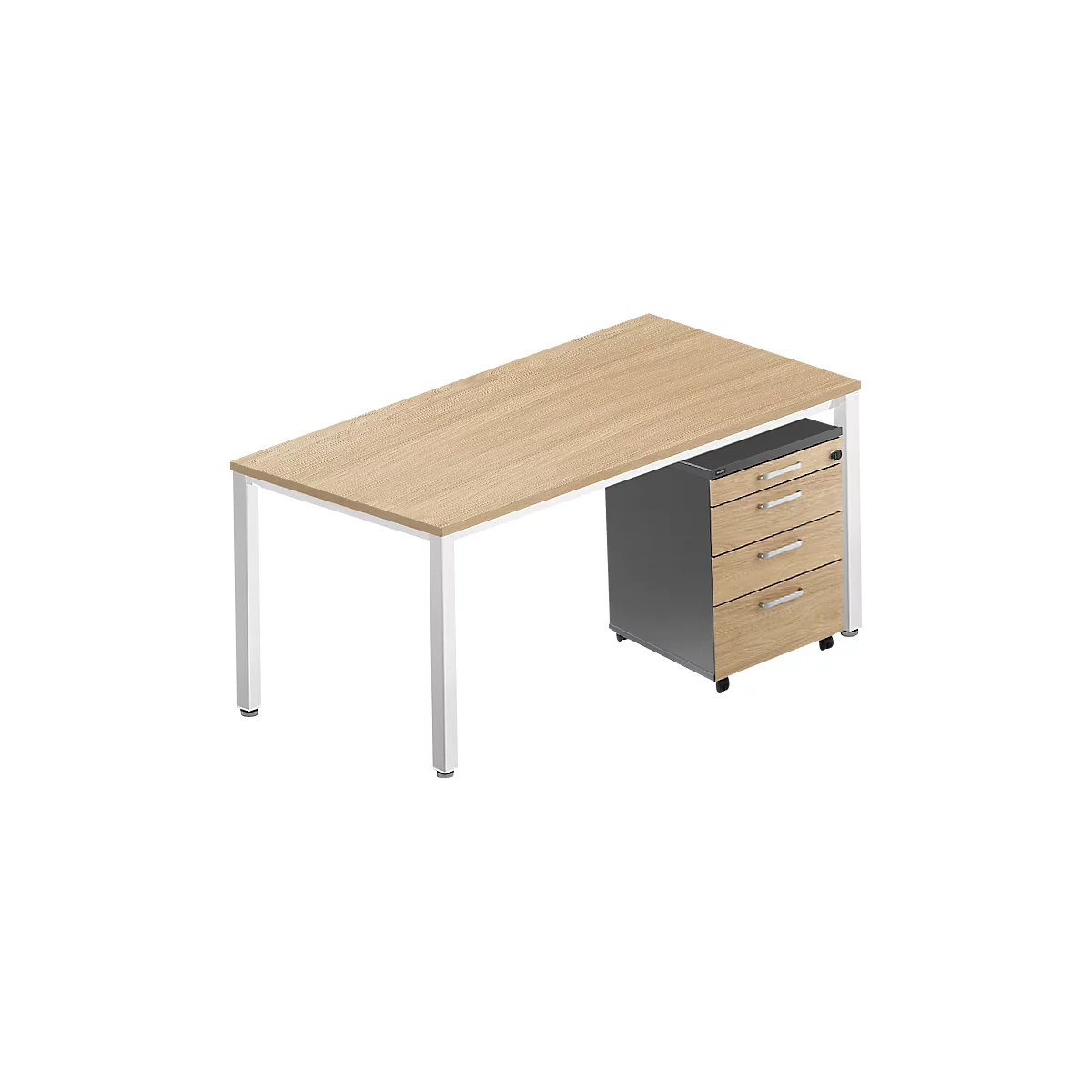 Un bureau clair avec un plateau en bois, une structure blanche et un caisson mobile gris avec tiroirs.