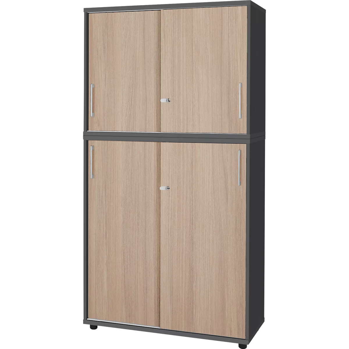 Grand placard gris avec deux portes en bois qui s'ouvrent. Les portes sont disposées l'une au-dessus de l'autre et ont une poignée.